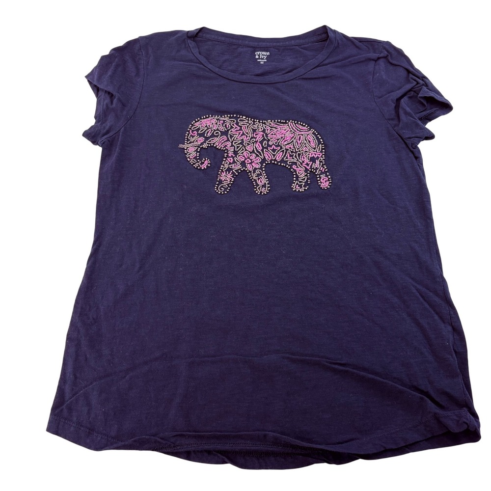 Crown & Ivy Navy Blue Beaded Elephant Graphic T-Shirt Womens Medium 100% Cotton